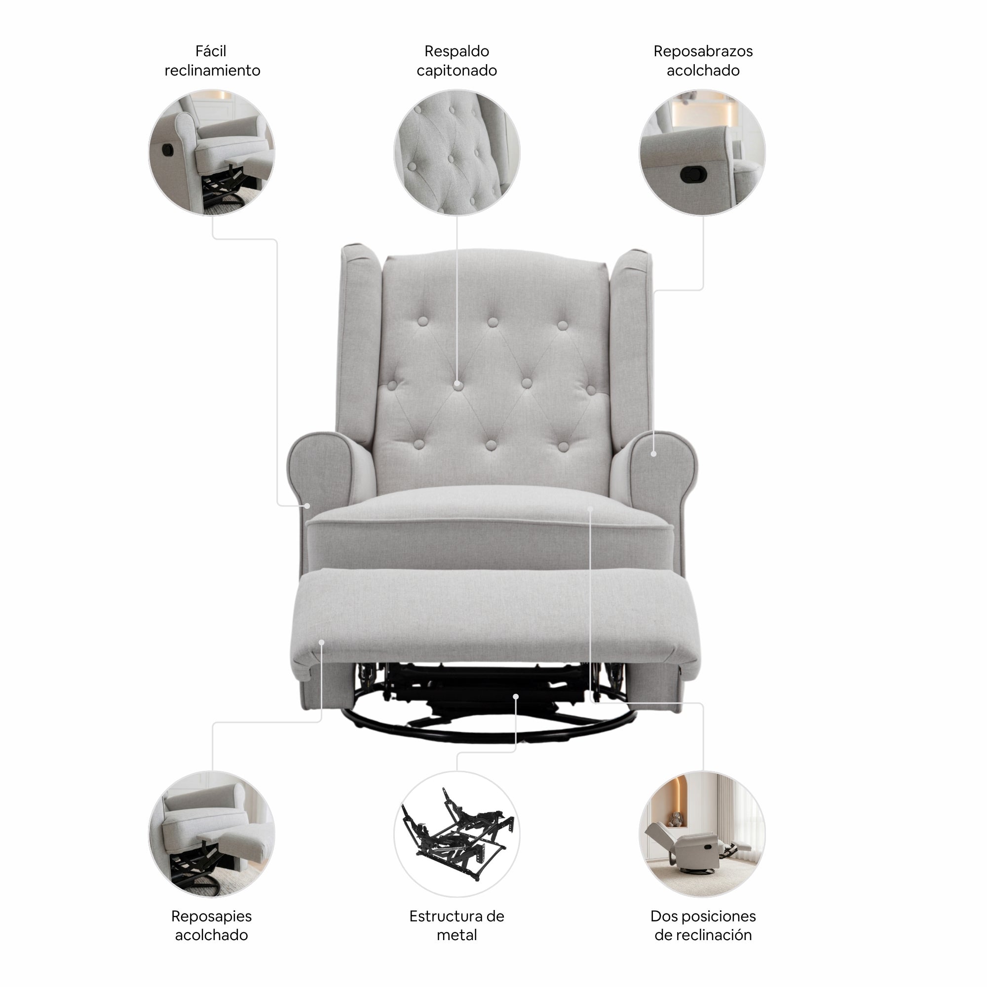 Sillón Reclinable Giratorio Con Mecedora Bloom Gris