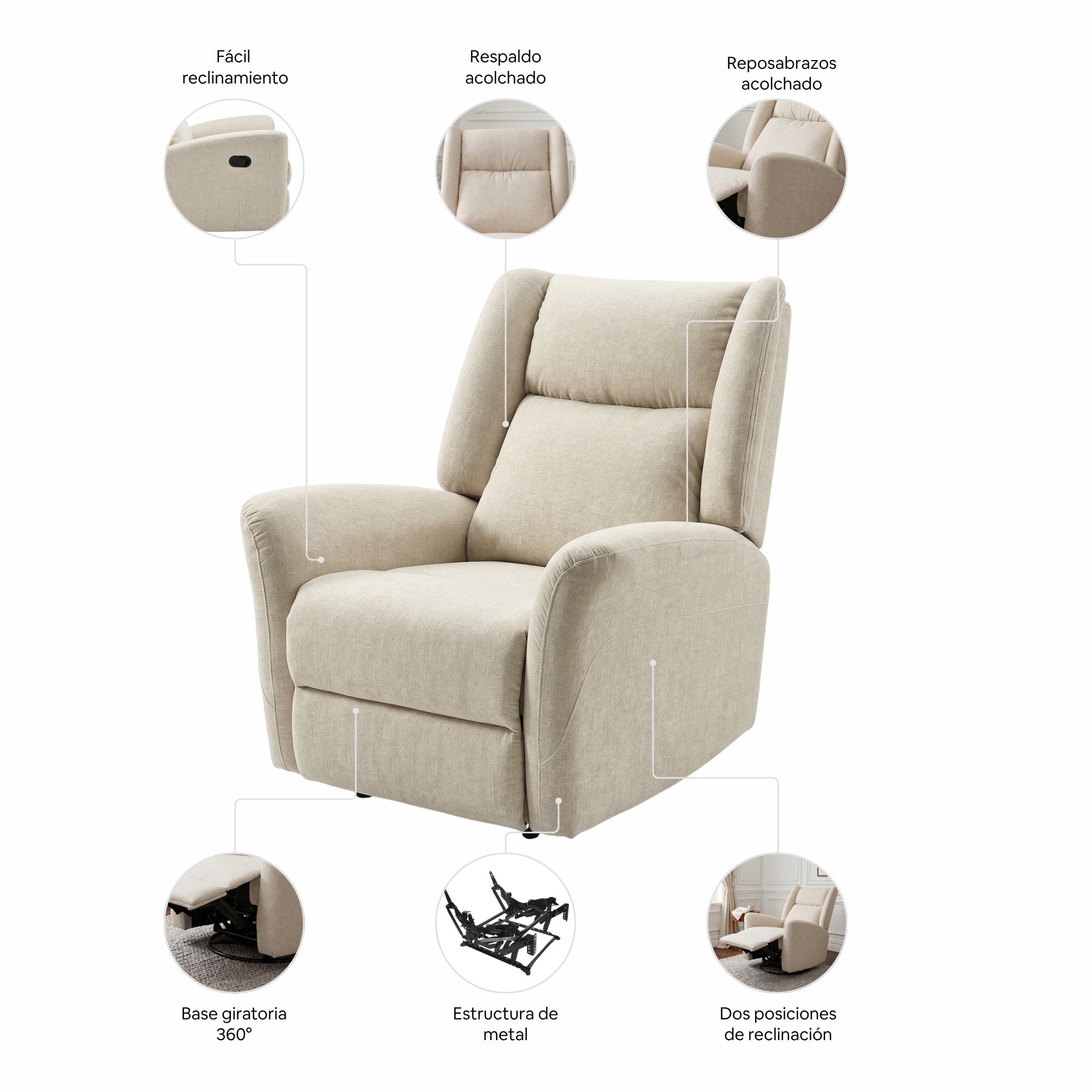 Sillón Reclinable Giratorio Con Mecedora Mila