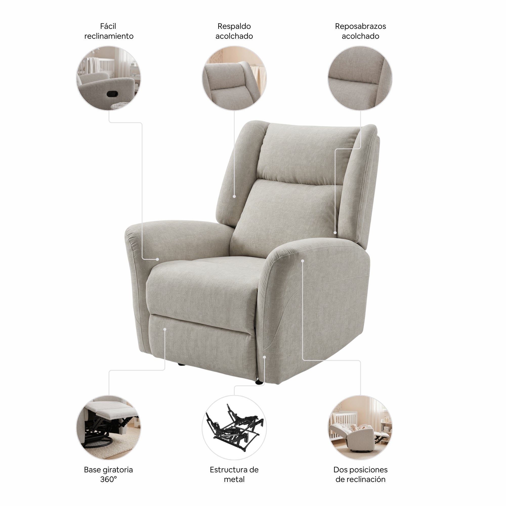 Sillón Reclinable Giratorio Con Mecedora Mila